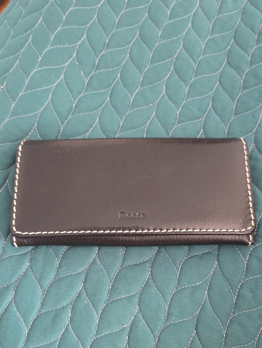 Roots Black Leather Long Wallet with White Contrast Stitching